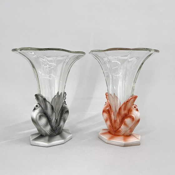 Image 1 of Paar Art-Déco-Vasen aus Taubenglas von Josef Feigl für die Glashütte Libochovice, Tschechoslowakei1930