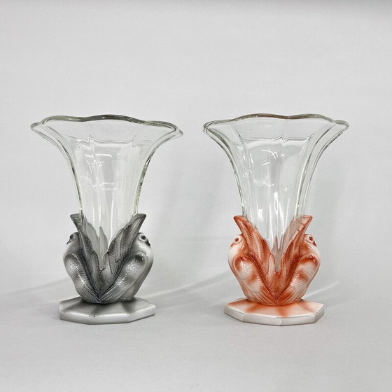 Image 1 of Paar Art-Déco-Vasen aus Taubenglas von Josef Feigl für die Glashütte Libochovice, Tschechoslowakei1930