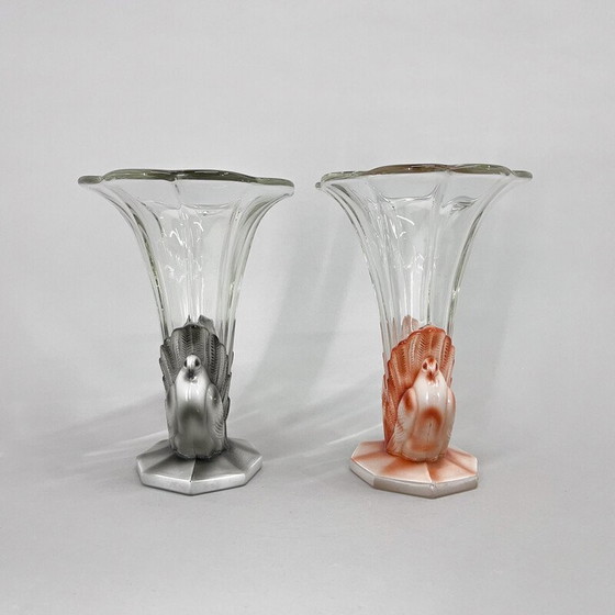 Image 1 of Paar Art-Déco-Vasen aus Taubenglas von Josef Feigl für die Glashütte Libochovice, Tschechoslowakei1930