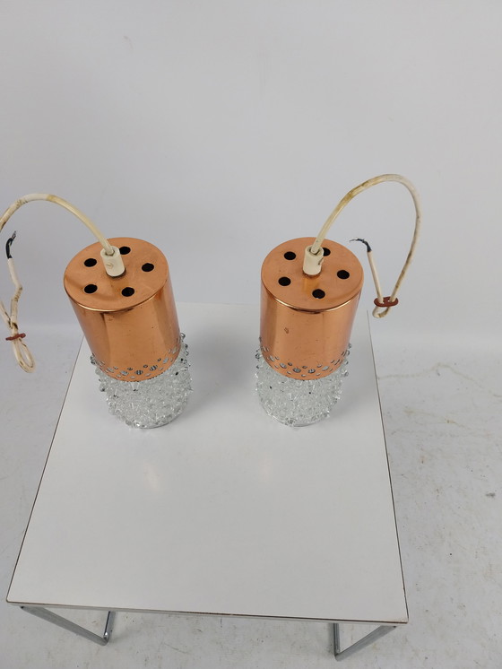 Image 1 of Satz von 2 brutalistischen Kupfer- und Glas-Pendelleuchten