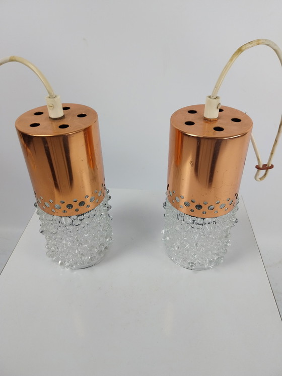 Image 1 of Satz von 2 brutalistischen Kupfer- und Glas-Pendelleuchten