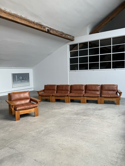 Modular Sofa Sessel Sitzgruppe Kiefernholz Leder Cognac 1970S