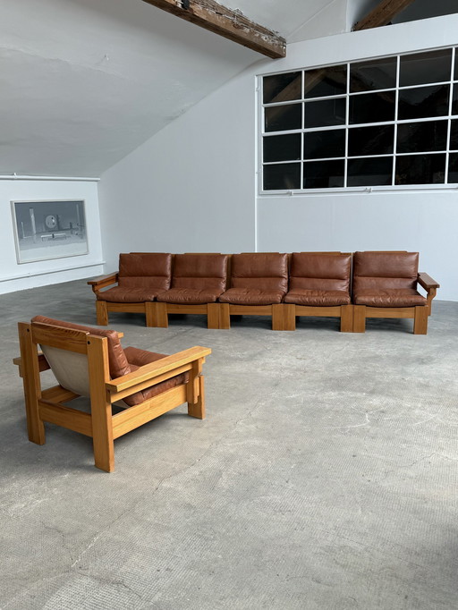 Modular Sofa Sessel Sitzgruppe Kiefernholz Leder Cognac 1970S