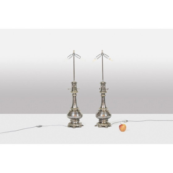 Image 1 of Paar Vintage-Lampen aus Metall und versilberter Bronze, Frankreich 1880