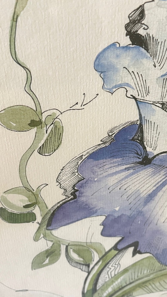 Image 1 of Irisblume auf Papier Rahmen Holz Vintage