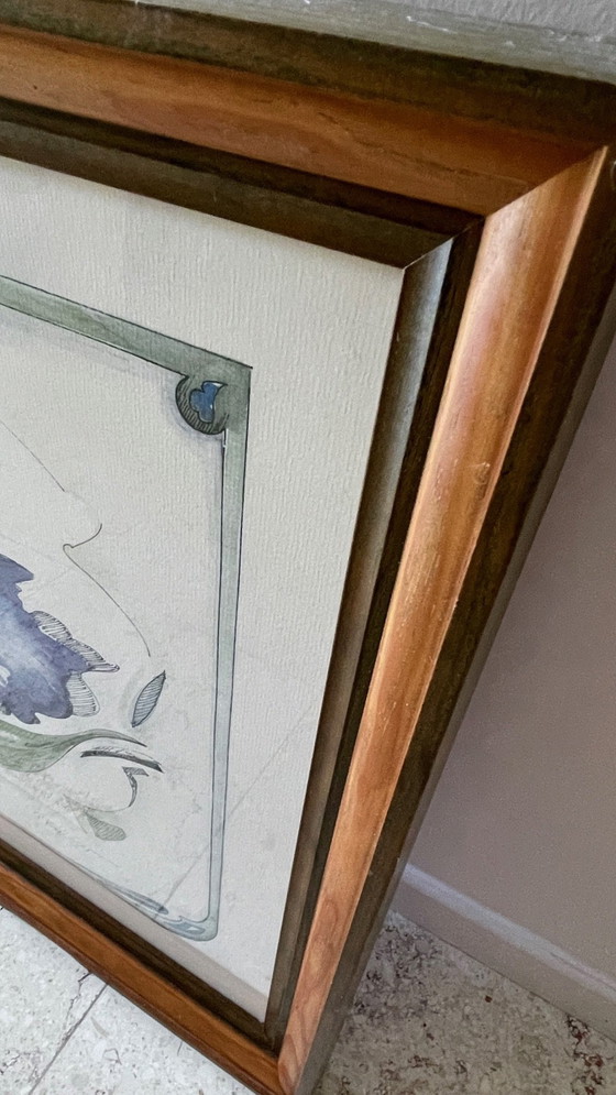 Image 1 of Irisblume auf Papier Rahmen Holz Vintage