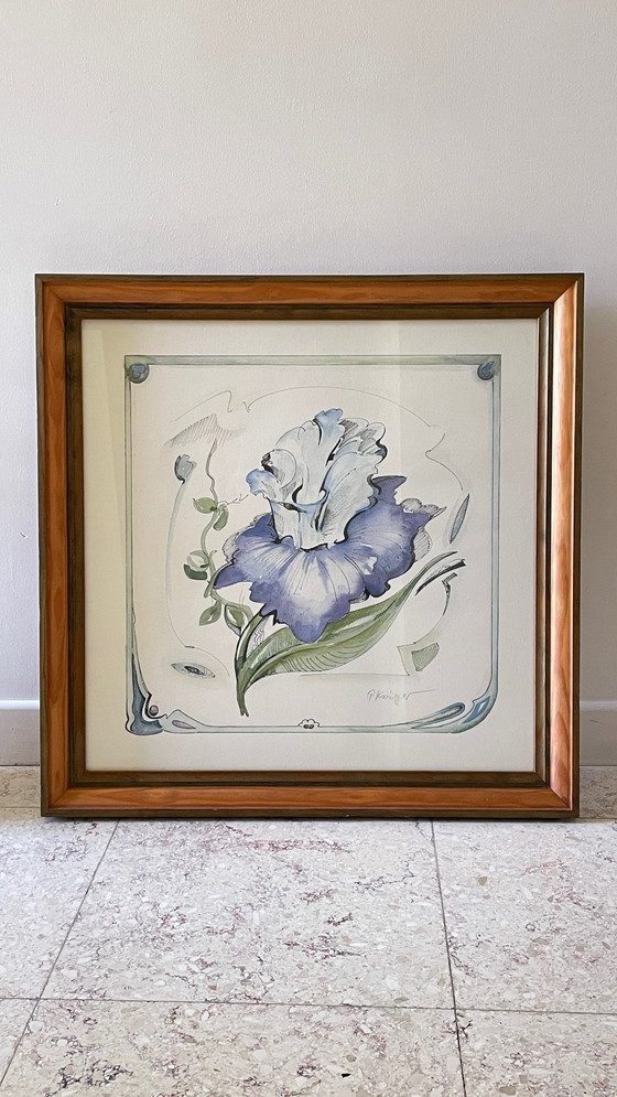 Image 1 of Irisblume auf Papier Rahmen Holz Vintage