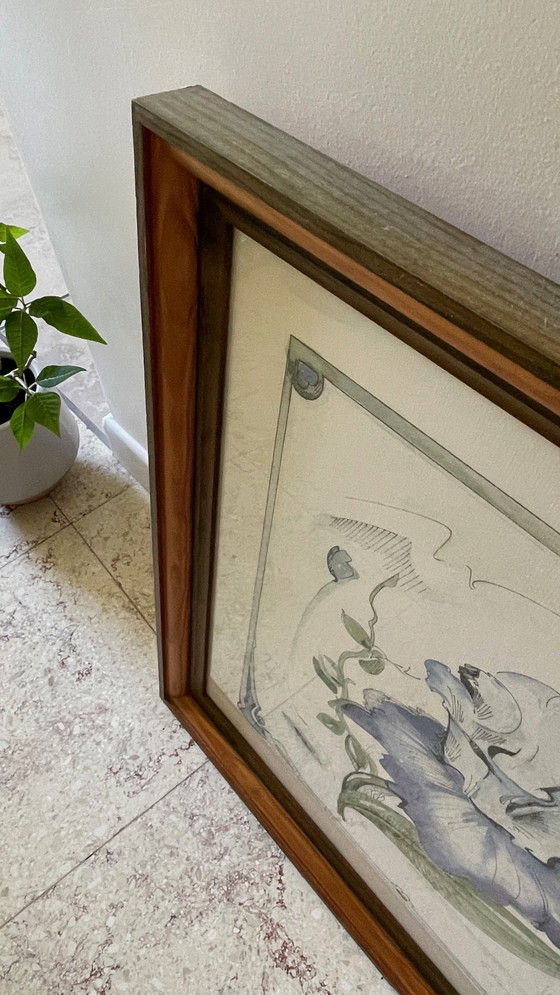 Image 1 of Irisblume auf Papier Rahmen Holz Vintage