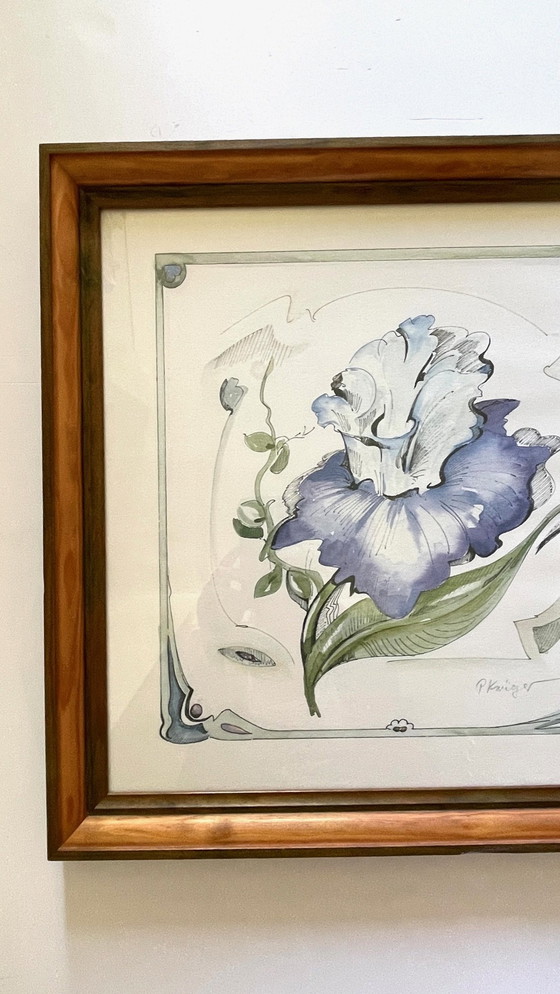 Image 1 of Irisblume auf Papier Rahmen Holz Vintage