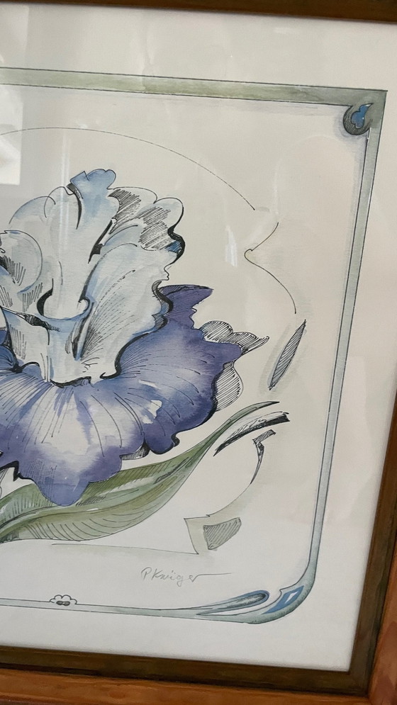 Image 1 of Irisblume auf Papier Rahmen Holz Vintage