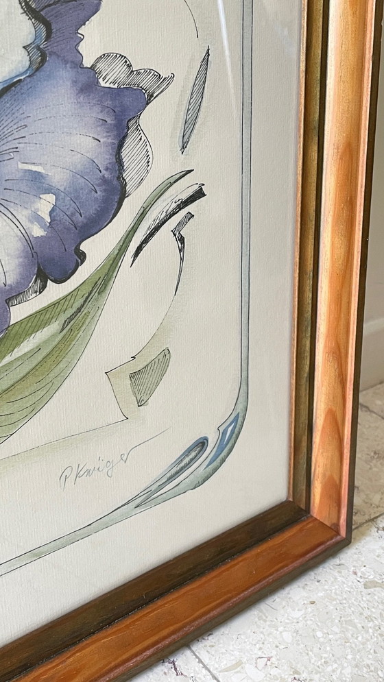 Image 1 of Irisblume auf Papier Rahmen Holz Vintage