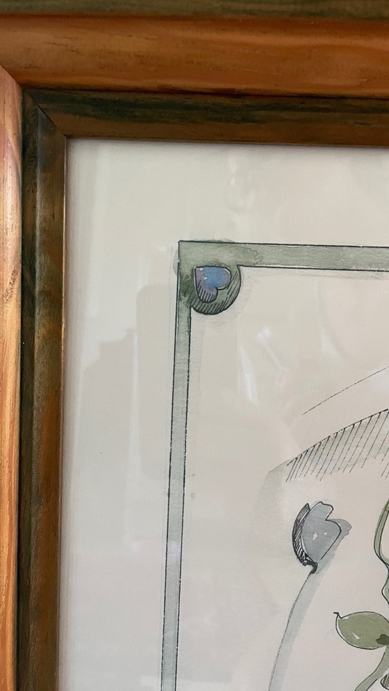 Image 1 of Irisblume auf Papier Rahmen Holz Vintage