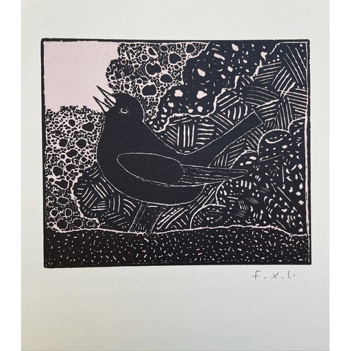 Holzschnitt "Die Amsel" auf Papier von François Xavier Lalanne, 2003er Jahre