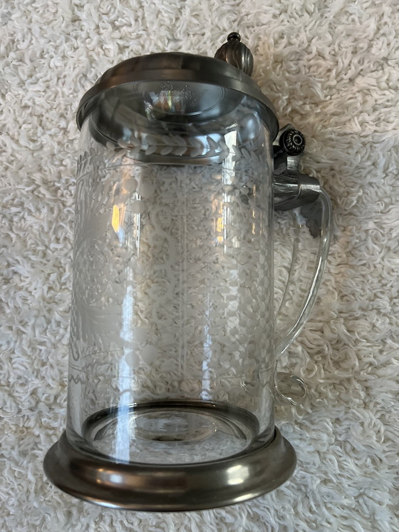 Image 1 of Einzigartiger mundgeblasener Bierkrug aus Kristall mit Zinndeckel