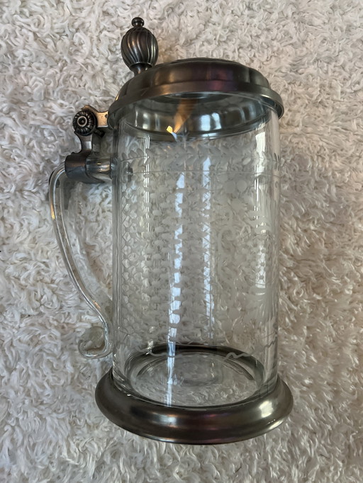 Einzigartiger mundgeblasener Bierkrug aus Kristall mit Zinndeckel
