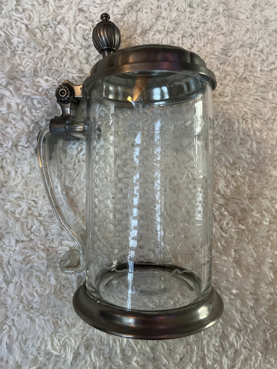 Image 1 of Einzigartiger mundgeblasener Bierkrug aus Kristall mit Zinndeckel