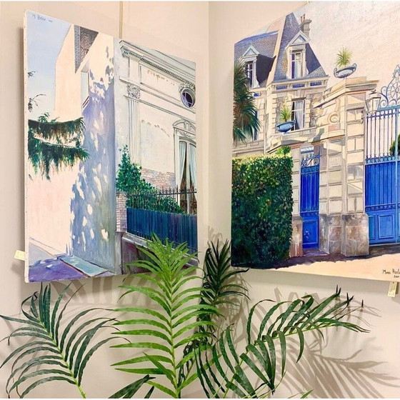 Image 1 of Paar alte Ölgemälde, die 2 Ansichten von eleganten Häusern am helllichten Tag darstellen