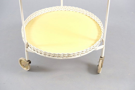 Image 1 of Vintage Folding Rattan & White Metal Tea Cart, 1960s