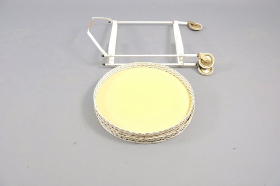 Image 1 of Vintage Folding Rattan & White Metal Tea Cart, 1960s