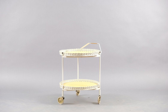 Image 1 of Vintage Folding Rattan & White Metal Tea Cart, 1960s