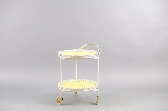 Image 1 of Vintage Folding Rattan & White Metal Tea Cart, 1960s