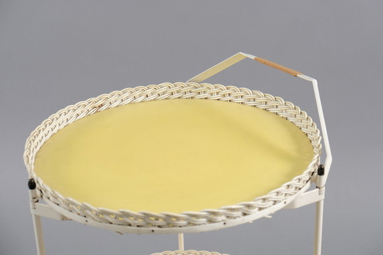 Image 1 of Vintage Folding Rattan & White Metal Tea Cart, 1960s