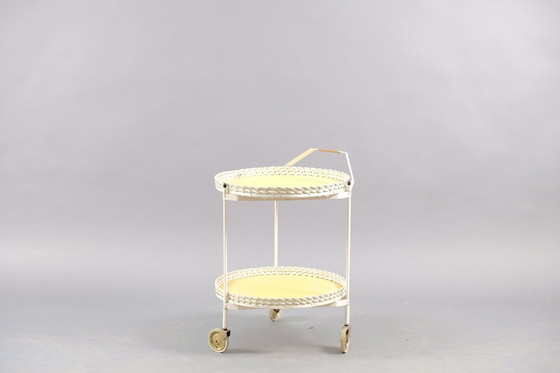 Image 1 of Vintage Folding Rattan & White Metal Tea Cart, 1960s