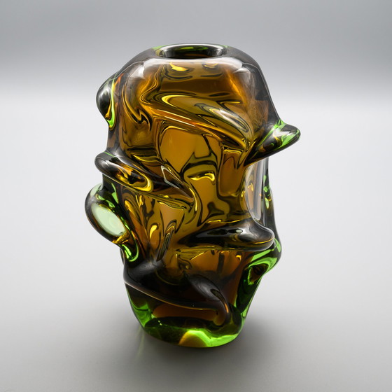 Image 1 of Sommerso Propeller Glas Vase Design Jan Kotik 20cm Retro 50er Jahre Uranium Amber