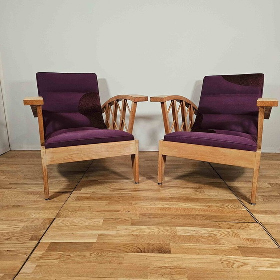 Image 1 of Paar Vintage-Sessel mit Querverstrebungen und besticktem Canovas-Stoff von Lesage, 1950