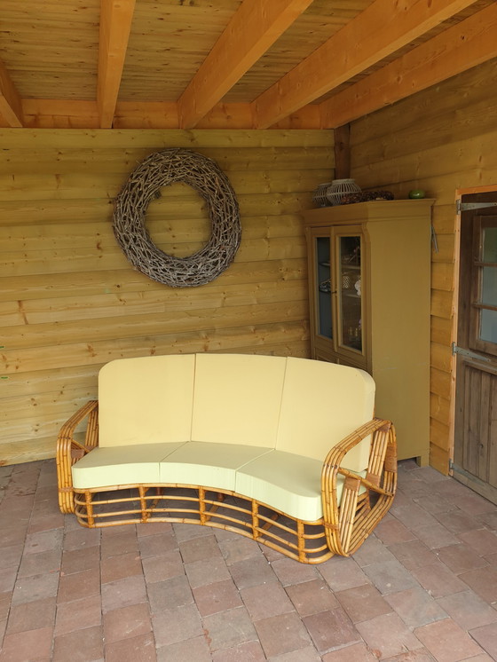 Image 1 of Seltene gebogene Rattan Vintage 3-Sitzer Frankl Sofa 1930s