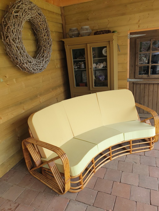 Seltene gebogene Rattan Vintage 3-Sitzer Frankl Sofa 1930s