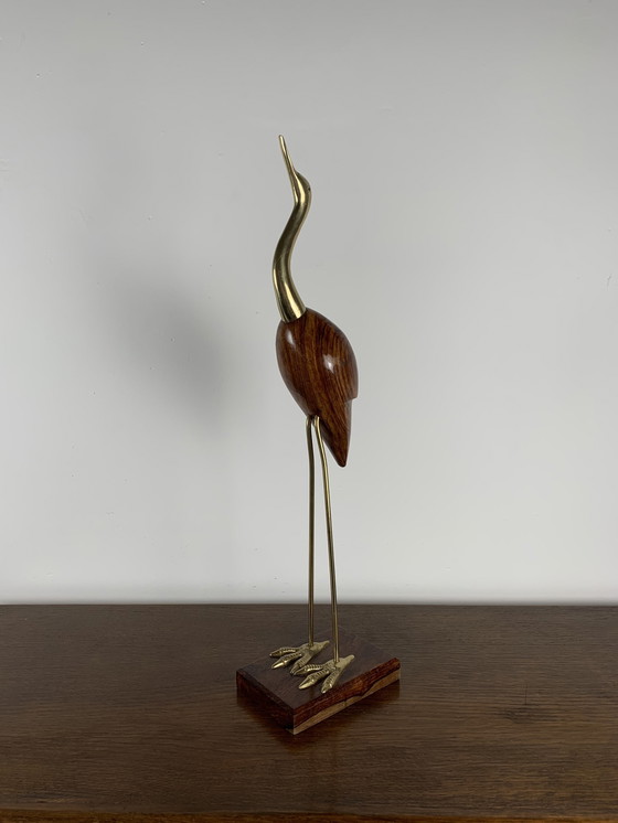 Image 1 of Reiherstatue aus Holz und Messing, 1960