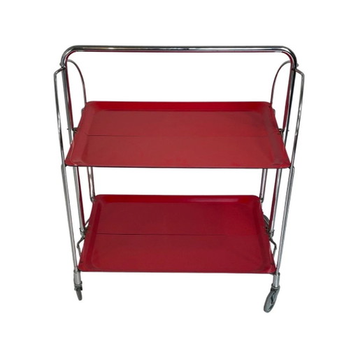 Vintage - Klappbares Serviertablett / Teewagen - Rot - Chrom-Rohrrahmen