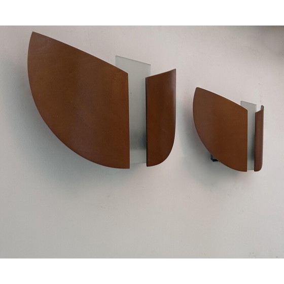Image 1 of Paar alte Wandlampen aus thermogeformtem Holz und sandgestrahltem Glas, Frankreich 1980