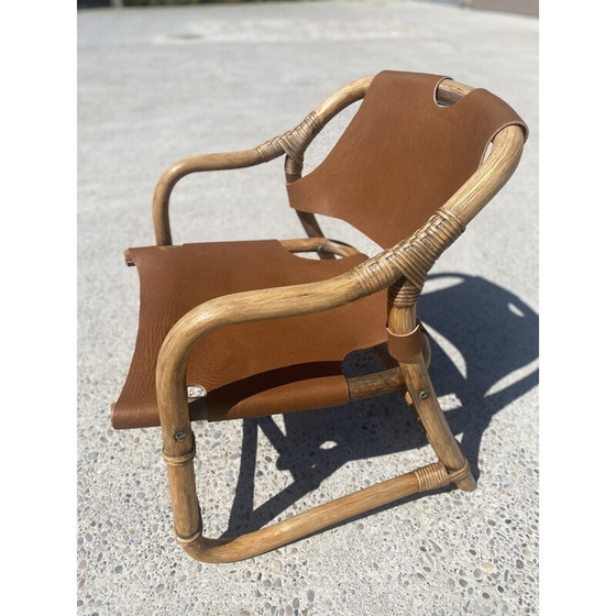 Image 1 of Vintage-Safari-Sessel aus Bambus und Leder, Dänemark 1960