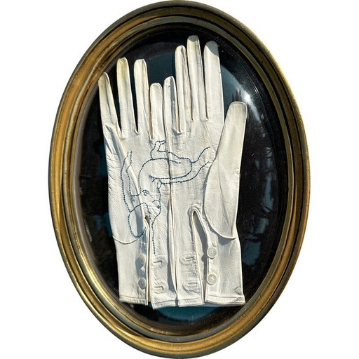 Vintage-Bild "Stickerei auf Lederhandschuhen" ovaler Rahmen aus vergoldetem Holz von Sophie Lechat