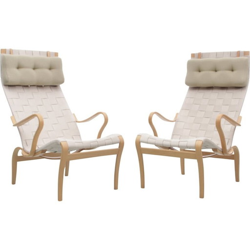 Paar skandinavische Vintage-Sessel "Miranda" aus Buche und Kvadrat-Stoff von Bruno Mathsson, 2010