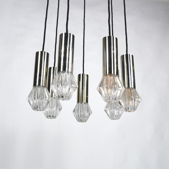 Image 1 of Chrom- und Glas-Kronleuchter/Hängelampe aus der Mitte des Jahrhunderts - 1960-70er Jahre