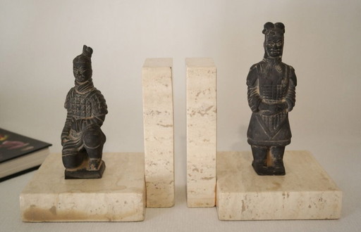 Paar Gewächshaus Bücher Travertin Chinesische Krieger Xx.