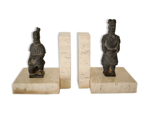 Paar Gewächshaus Bücher Travertin Chinesische Krieger Xx.