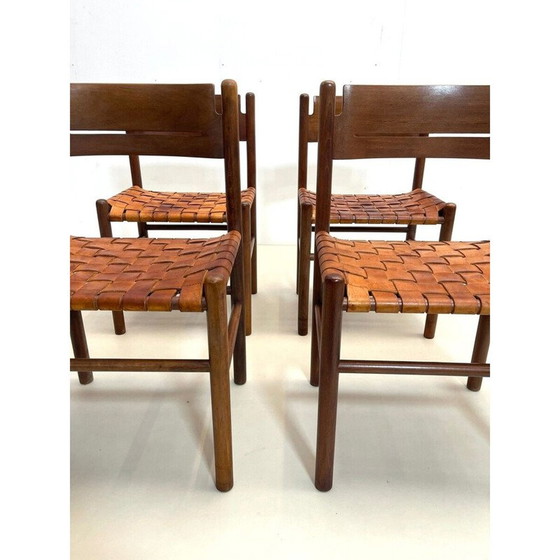 Image 1 of Satz von 4 Stühlen aus Holz und Leder, Italien 1960