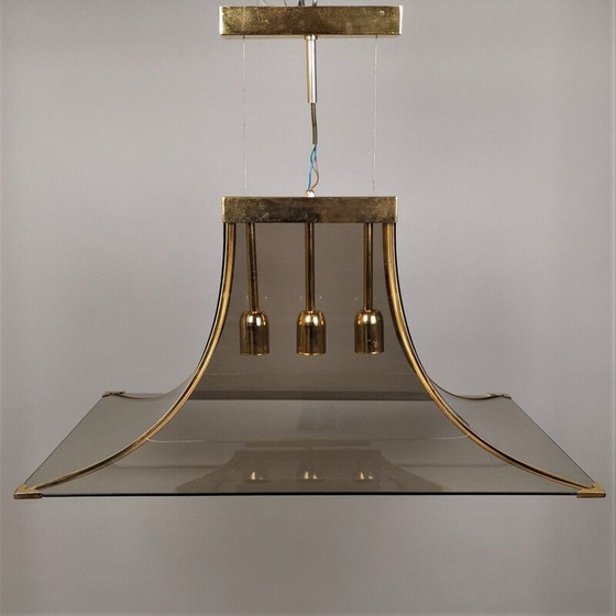 Image 1 of Vintage Pagoda Pendelleuchte aus Rauchglas, Messing und Stahl von Esperia, 1970