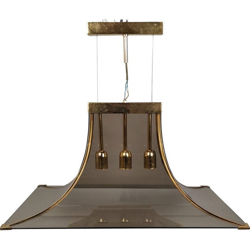 Vintage Pagoda Pendelleuchte aus Rauchglas, Messing und Stahl von Esperia, 1970