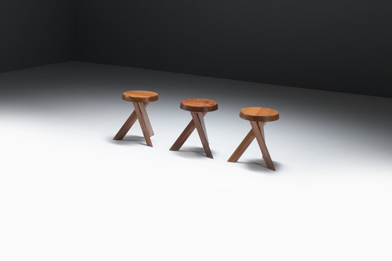 Image 1 of Vintage Set von S13 A Ulme Hocker von Pierre Chapo - Frankreich