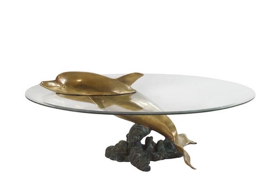 Image 1 of Skulpturaler Delphin Couchtisch aus Messing und Glas, Frankreich 1970er Paris