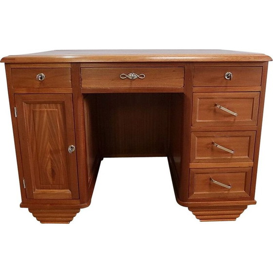 Image 1 of Vintage Art Deco Schreibtisch aus massivem Mahagoni und Leder, 1940
