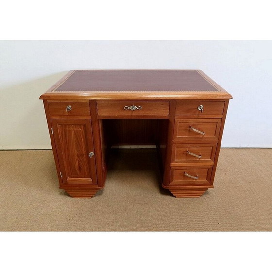 Image 1 of Vintage Art Deco Schreibtisch aus massivem Mahagoni und Leder, 1940