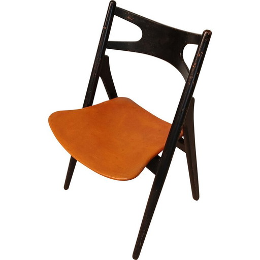 Vintage Sawbuck Lederstuhl von Hans Wegner für Carl Hansen et Fils, 1950