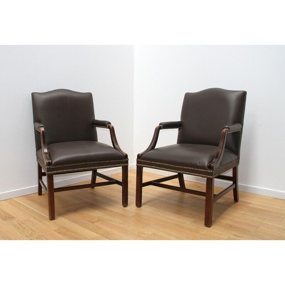 Image 1 of Paar Vintage-Sessel aus dunklem Holz und dunkelbraunem Leder