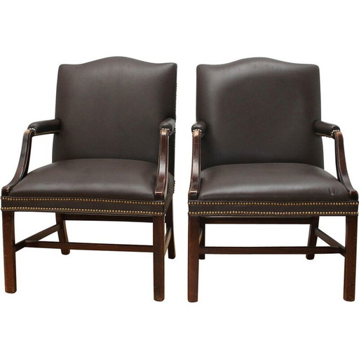 Paar Vintage-Sessel aus dunklem Holz und dunkelbraunem Leder